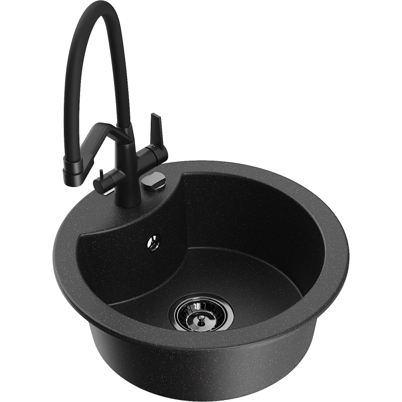 Mexen Diego Granitspüle 1-becken mit Küchenarmatur Duo, schwarz/silber metallic - 6512-73-671701-70-B