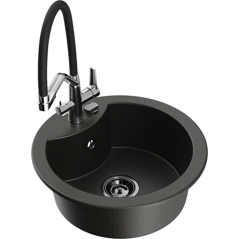 Mexen Diego Granitspüle 1-Becken mit Küchenarmatur Duo, schwarz/gold metallisch - 6512-75-671701-07-B