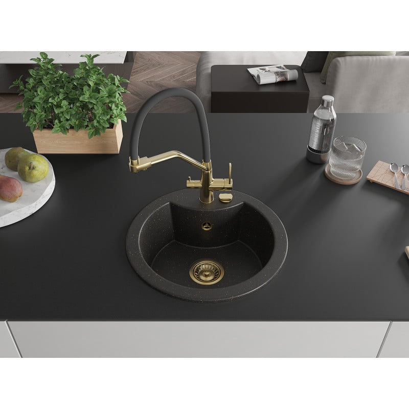 Mexen Diego Granitspüle 1-beckig mit Küchenarmatur Duo, schwarz/gold metallic - 6512-75-671701-57-G