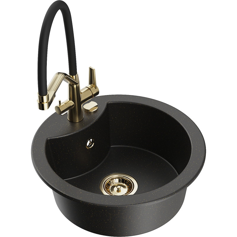 Mexen Diego Granitspüle 1-Becken mit Küchenarmatur Duo, schwarz/gold metallic - 6512-75-671701-57-G
