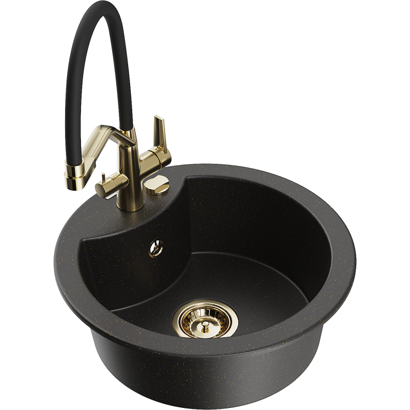 Mexen Diego Granitspüle 1-beckig mit Küchenarmatur Duo, schwarz/gold metallic - 6512-75-671701-57-G