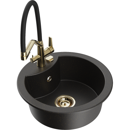 Mexen Diego Granitspüle 1-beckig mit Küchenarmatur Duo, schwarz/gold metallic - 6512-75-671701-57-G