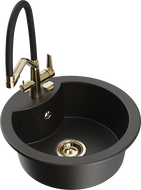 Mexen Diego Granitspüle 1-beckig mit Küchenarmatur Duo, schwarz/gold metallic - 6512-75-671701-57-G