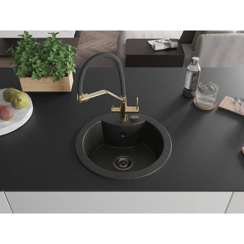 Mexen Diego Granitspüle 1-Becken mit Küchenarmatur Duo, schwarz/gold metallic - 6512-75-671701-57-B
