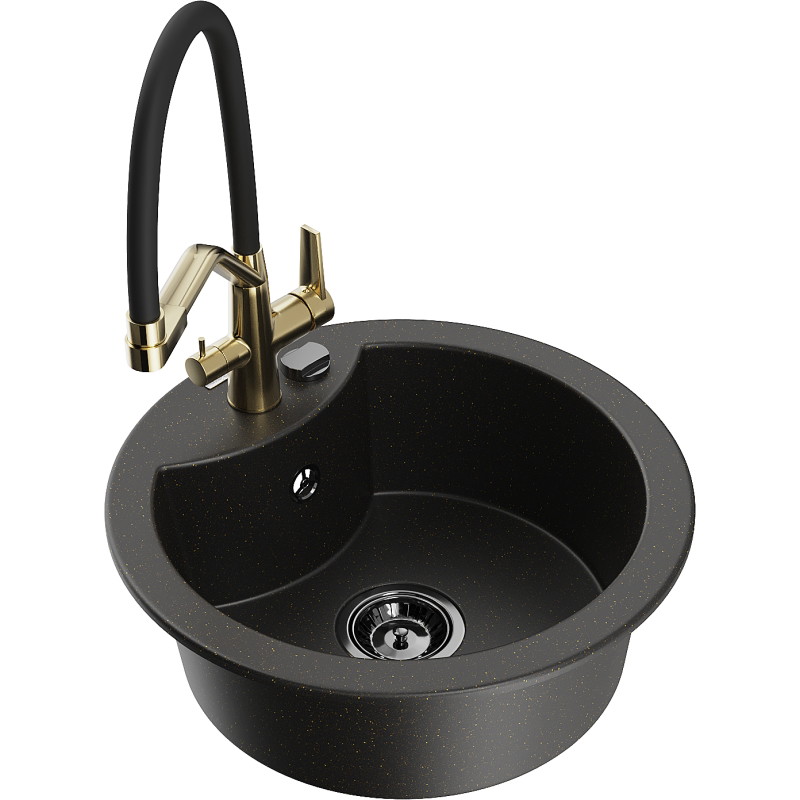 Mexen Diego Granitspüle 1-Becken mit Küchenarmatur Duo, schwarz/gold metallic - 6512-75-671701-57-B