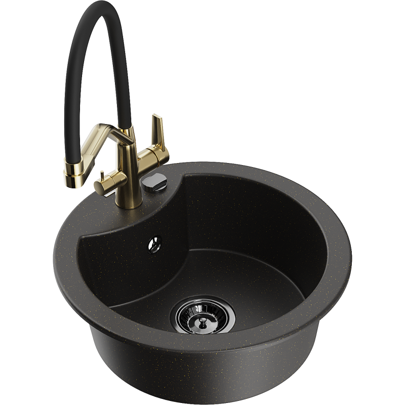 Mexen Diego Granitspüle 1-Kammer mit Küchenarmatur Duo, Schwarz/Gold Metallic - 6512-75-671701-57-B