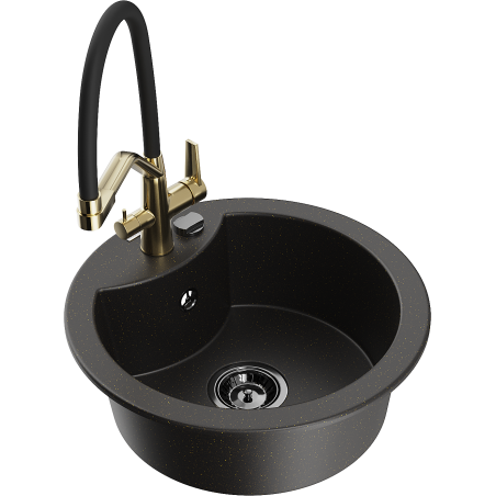 Mexen Diego Granitspüle 1-Becken mit Küchenarmatur Duo, schwarz/gold metallic - 6512-75-671701-57-B