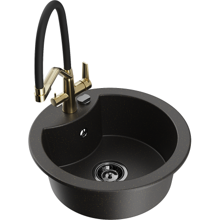 Mexen Diego Granitspüle 1-Kammer mit Küchenarmatur Duo, Schwarz/Gold Metallic - 6512-75-671701-57-B