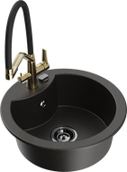 Mexen Diego Granitspüle 1-Kammer mit Küchenarmatur Duo, Schwarz/Gold Metallic - 6512-75-671701-57-B