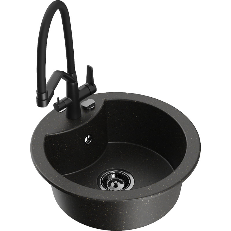 Mexen Diego Granitspüle 1-Becken mit Küchenarmatur Duo, schwarz/goldenes Metallic - 6512-75-671701-70-B