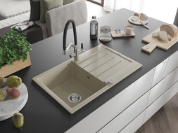 Mexen Bruno Granitspüle 1-Becken mit Abtropffläche und Küchenarmatur Duo, beige - 6513-69-671701-07