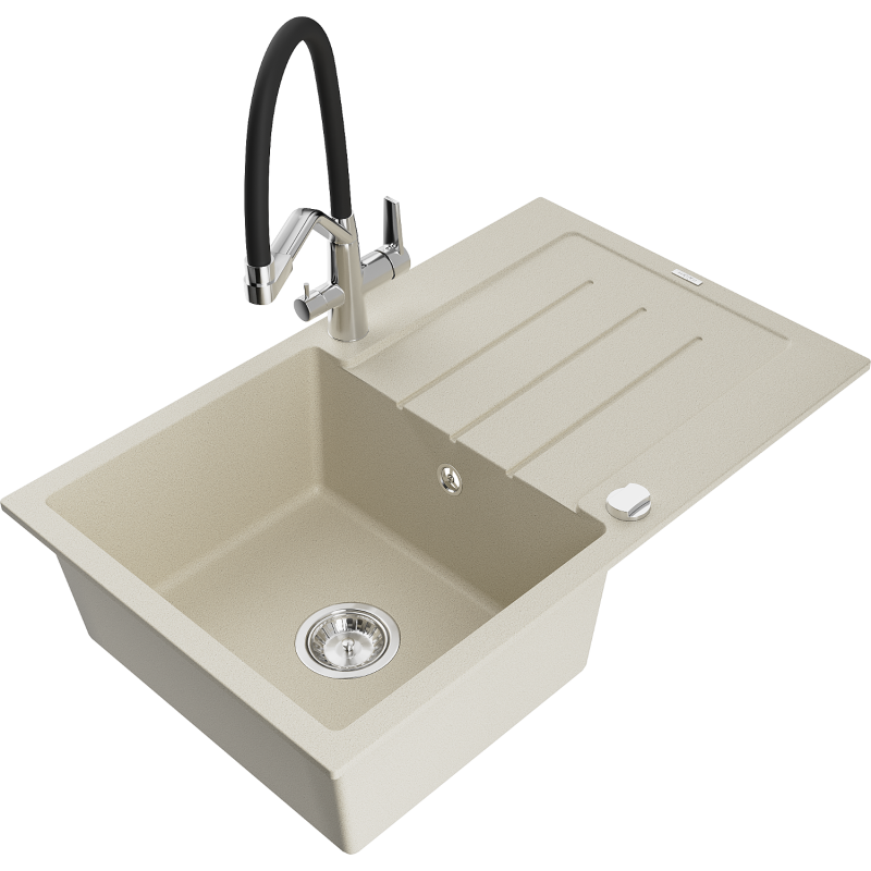 Mexen Bruno Granitspüle 1-Becken mit Abtropffläche und Küchenarmatur Duo, beige - 6513-69-671701-07