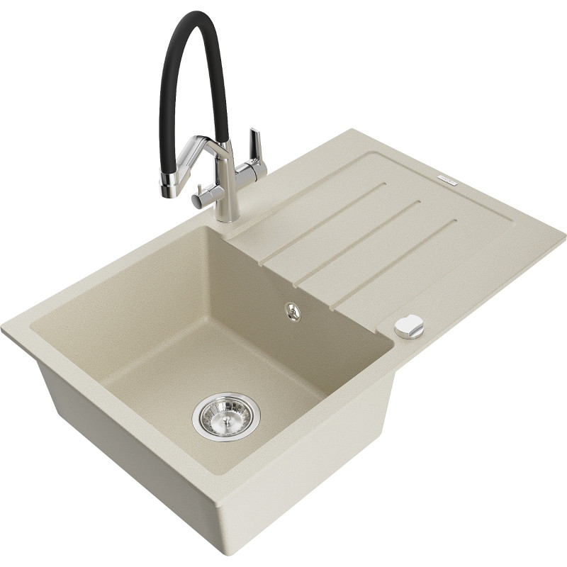 Mexen Bruno Granitspüle, 1-beckig, mit Abtropffläche und Küchenarmatur Duo, beige - 6513-69-671701-07