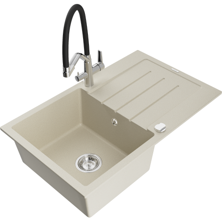 Mexen Bruno Granitspüle 1-Becken mit Abtropffläche und Küchenarmatur Duo, beige - 6513-69-671701-07