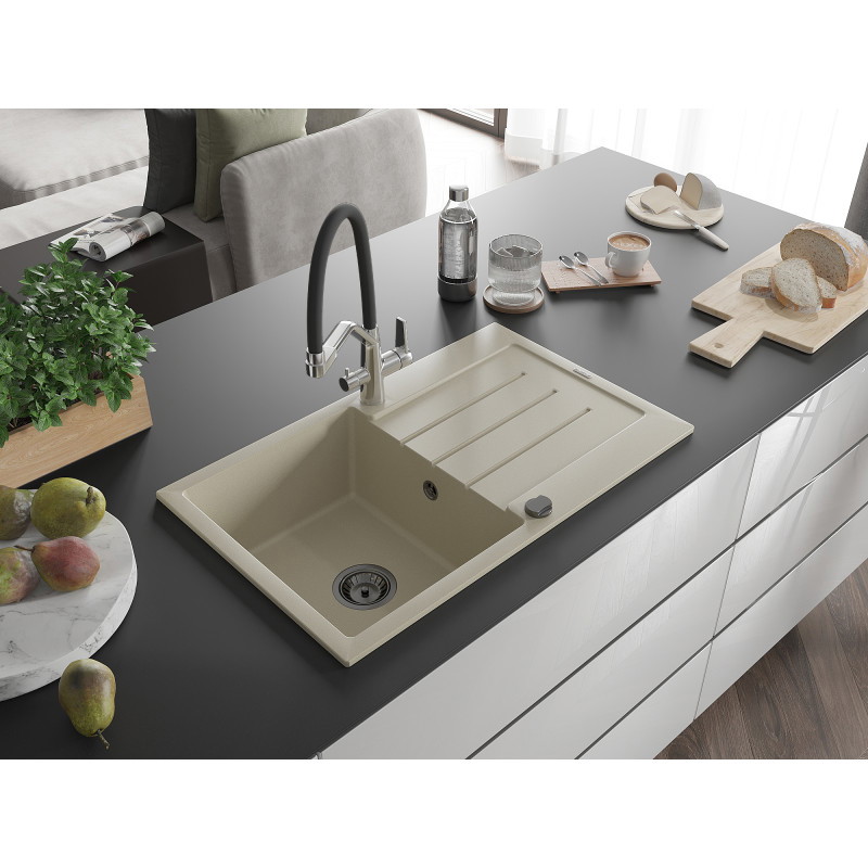 Mexen Bruno Granitspüle, 1-Becken mit Abtropffläche und Küchenarmatur Duo, beige - 6513-69-671701-07-B