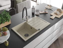 Mexen Bruno Granitspüle, 1-Becken mit Abtropffläche und Küchenarmatur Duo, beige - 6513-69-671701-07-B