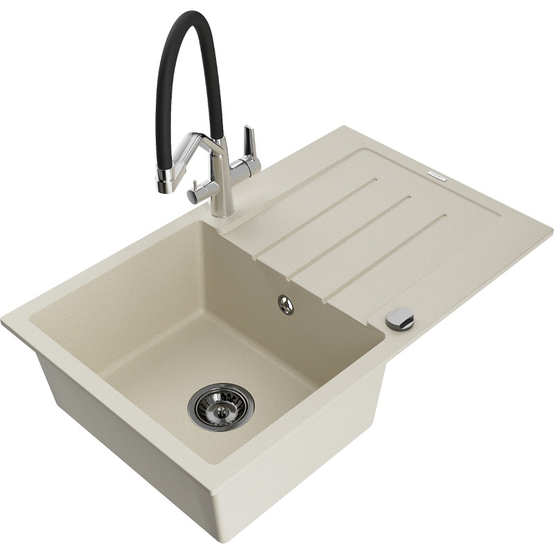 Mexen Bruno Granitspüle 1-Kammer mit Abtropffläche und Küchenarmatur Duo, beige - 6513-69-671701-07-B
