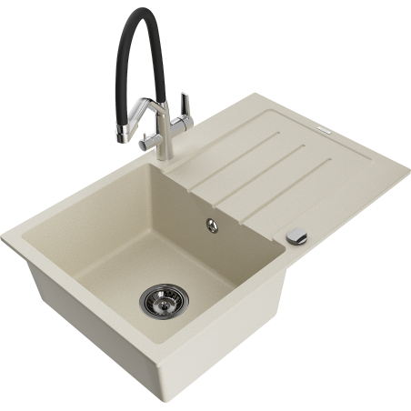 Mexen Bruno Granitspüle, 1-Becken mit Abtropffläche und Küchenarmatur Duo, beige - 6513-69-671701-07-B