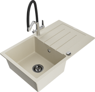 Mexen Bruno Granitspüle, 1-Becken mit Abtropffläche und Küchenarmatur Duo, beige - 6513-69-671701-07-B