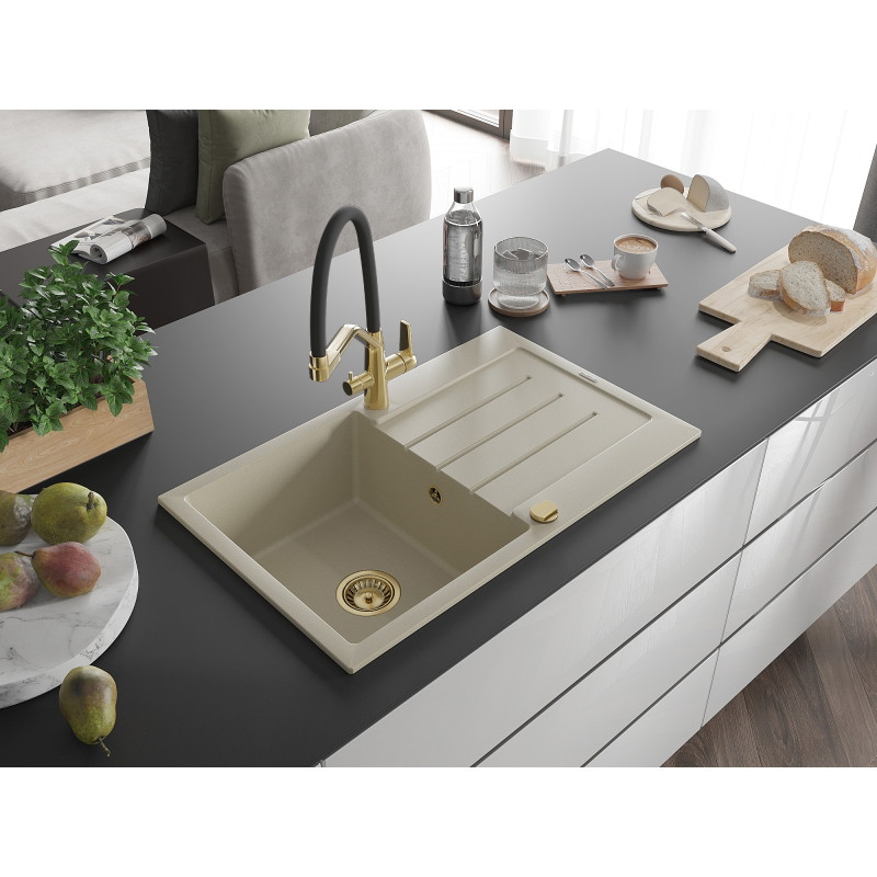 Mexen Bruno Granitspüle 1-Becken mit Abtropffläche und Küchenarmatur Duo, beige - 6513-69-671701-57-G