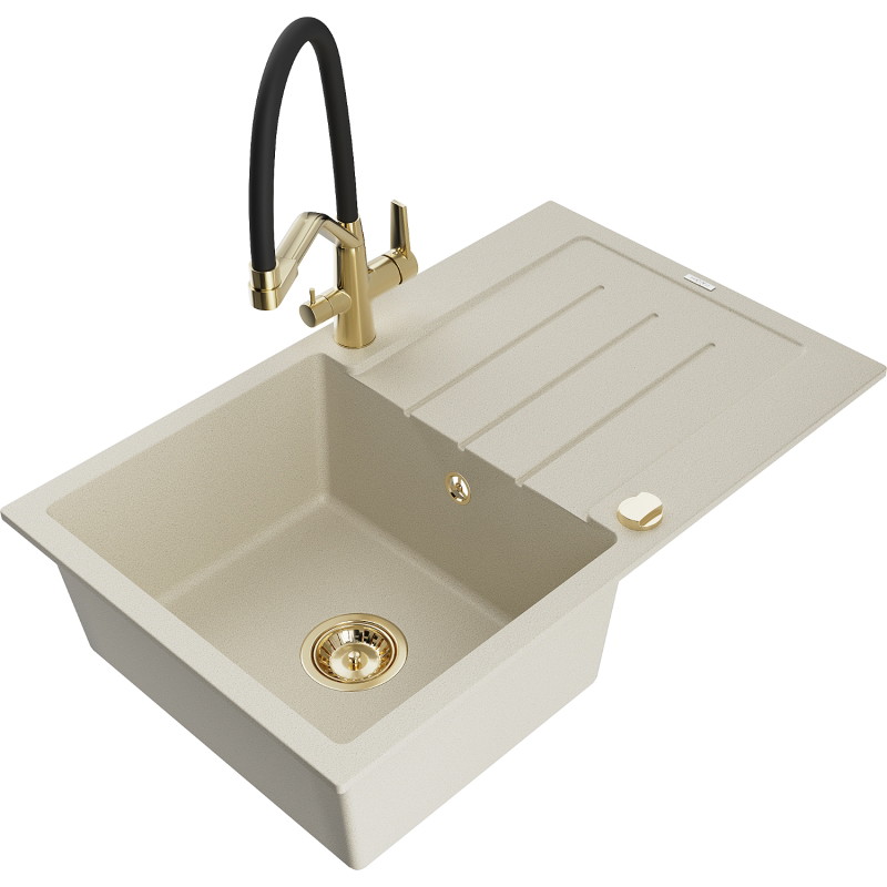 Mexen Bruno Granitspüle 1-Becken mit Abtropffläche und Küchenarmatur Duo, beige - 6513-69-671701-57-G