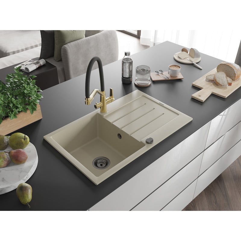 Mexen Bruno Granitspüle 1-Becken mit Abtropffläche und Küchenarmatur Duo, beige - 6513-69-671701-57-B