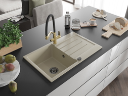 Mexen Bruno Granitspüle 1-Becken mit Abtropffläche und Küchenarmatur Duo, beige - 6513-69-671701-57-B