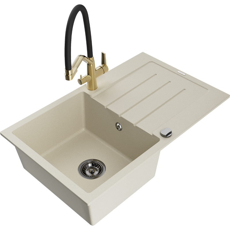 Mexen Bruno Granitspüle 1-Becken mit Abtropffläche und Küchenarmatur Duo, beige - 6513-69-671701-57-B