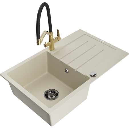 Mexen Bruno Granitspüle 1-Becken mit Abtropffläche und Küchenarmatur Duo, beige - 6513-69-671701-57-B