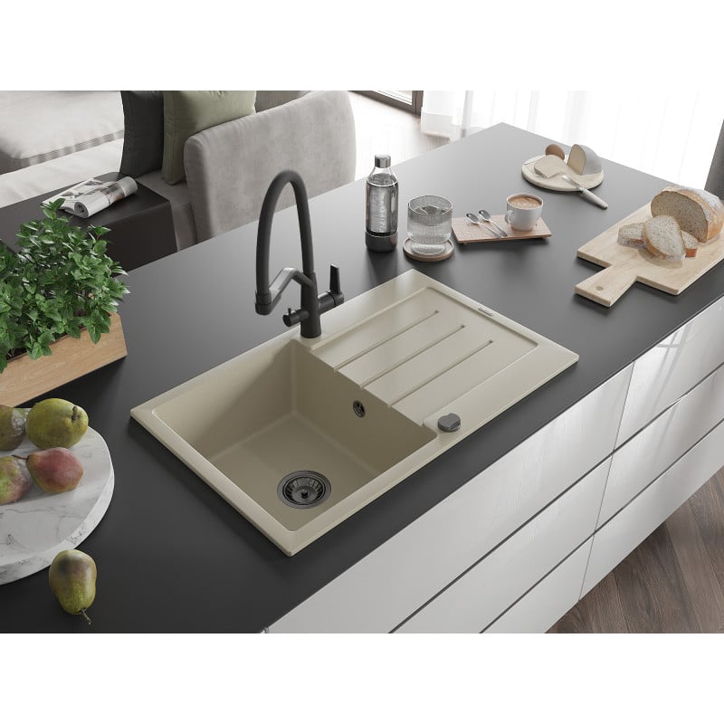 Mexen Bruno Granitspüle 1-Becken mit Abtropffläche und Küchenarmatur Duo, beige - 6513-69-671701-70-B