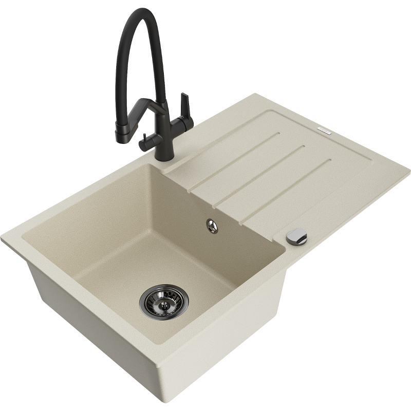 Mexen Bruno Granitspüle 1-Becken mit Abtropffläche und Küchenarmatur Duo, beige - 6513-69-671701-70-B
