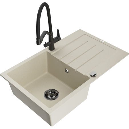 Mexen Bruno Granitspüle 1-Becken mit Abtropffläche und Küchenarmatur Duo, beige - 6513-69-671701-70-B