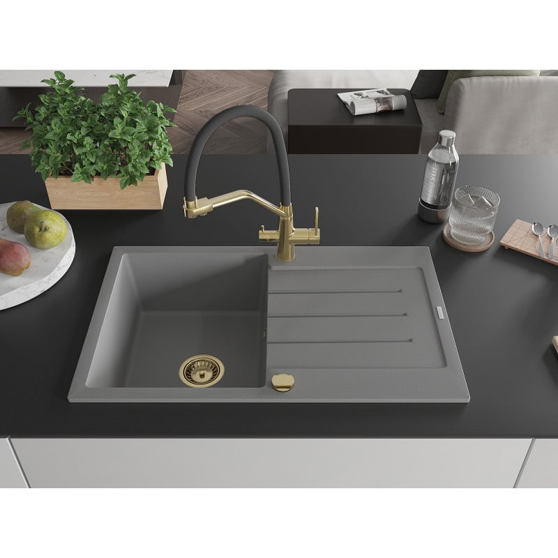 Mexen Bruno 1-Becken Granitspüle mit Abtropffläche und Küchenarmatur Duo, grau - 6513-71-671701-57-G