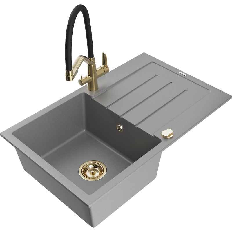 Mexen Bruno 1-Becken Granitspüle mit Abtropffläche und Küchenarmatur Duo, grau - 6513-71-671701-57-G
