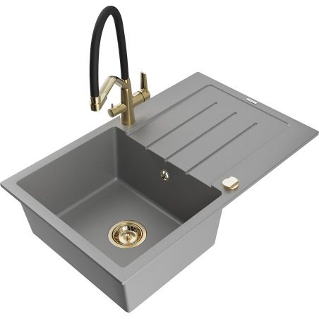 Mexen Bruno 1-Becken Granitspüle mit Abtropffläche und Küchenarmatur Duo, grau - 6513-71-671701-57-G