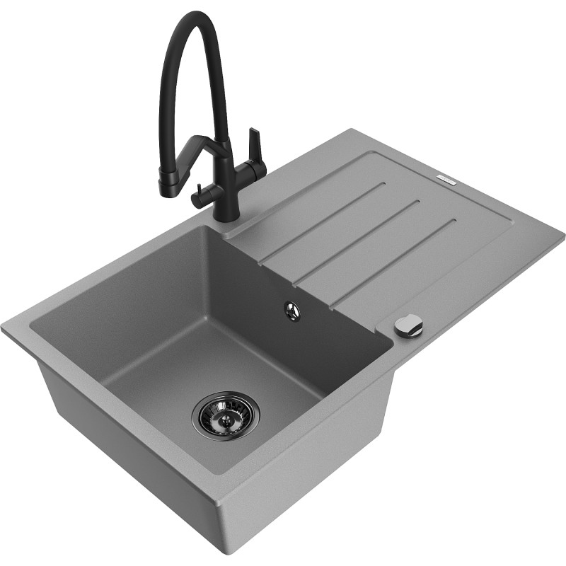 Mexen Bruno Granitspüle 1-becken mit Abtropffläche und Küchenarmatur Duo, grau - 6513-71-671701-70-B