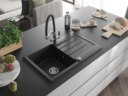 Mexen Bruno Granitspüle mit 1 Becken, Abtropffläche und Duo-Küchenarmatur, Schwarz/Silber Metallic - 6513-73-671701-07