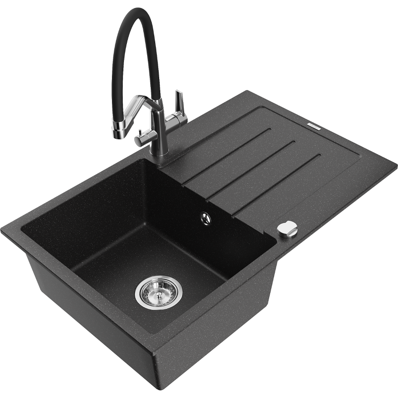 Mexen Bruno Granitspüle mit 1 Becken, Abtropffläche und Duo-Küchenarmatur, Schwarz/Silber Metallic - 6513-73-671701-07