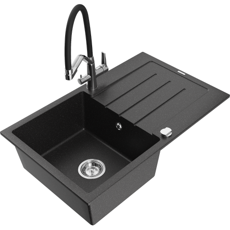 Mexen Bruno Granitspüle 1-Becken mit Abtropffläche und Küchenarmatur Duo, schwarz/silber-metallic - 6513-73-671701-07