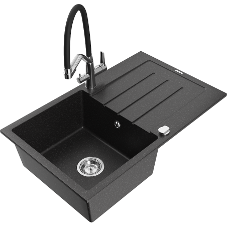 Mexen Bruno Granitspüle mit 1 Becken, Abtropffläche und Duo-Küchenarmatur, Schwarz/Silber Metallic - 6513-73-671701-07
