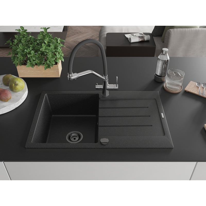 Mexen Bruno 1-Kammer Granitspüle mit Abtropffläche und Küchenarmatur Duo, schwarz/silber metallic - 6513-73-671701-07-B