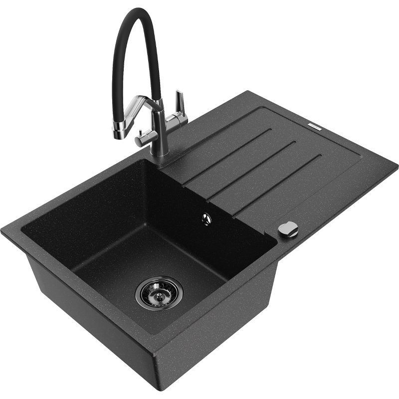 Mexen Bruno 1-Kammer Granitspüle mit Abtropffläche und Küchenarmatur Duo, schwarz/silber metallic - 6513-73-671701-07-B