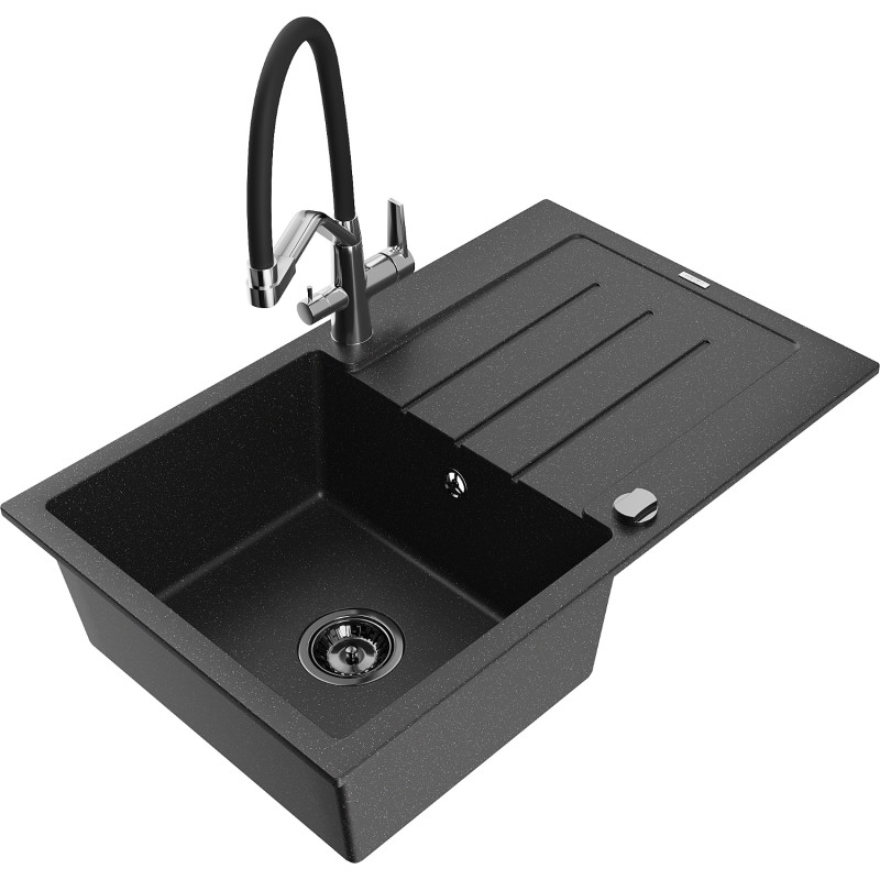 Mexen Bruno Granitspüle 1-beckig mit Abtropffläche und Duo Küchenarmatur, schwarz/silber metallic - 6513-73-671701-07-B