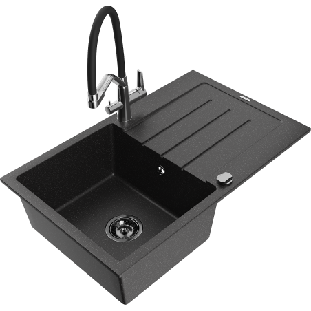 Mexen Bruno 1-Kammer Granitspüle mit Abtropffläche und Küchenarmatur Duo, schwarz/silber metallic - 6513-73-671701-07-B