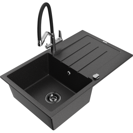 Mexen Bruno Granitspüle 1-Becken mit Abtropffläche und Küchenarmatur Duo, schwarz/silber-metallik - 6513-73-671701-07-B
