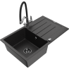 Mexen Bruno Granitspüle 1-Becken mit Abtropffläche und Küchenarmatur Duo, schwarz/silber-metallik - 6513-73-671701-07-B