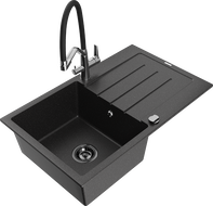 Mexen Bruno 1-Kammer Granitspüle mit Abtropffläche und Küchenarmatur Duo, schwarz/silber metallic - 6513-73-671701-07-B