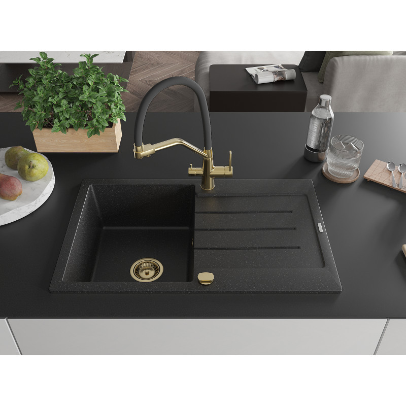 Mexen Bruno Granitspüle 1-beckig mit Abtropffläche und Küchenarmatur Duo, Schwarz/Silber-Metallic - 6513-73-671701-57-G