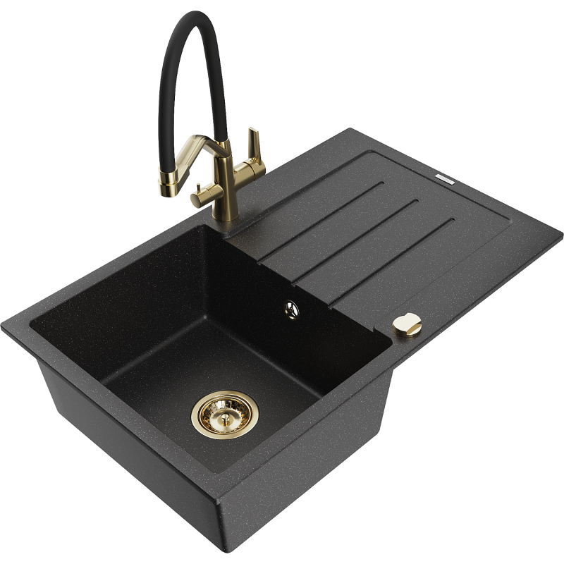 Mexen Bruno Granitspüle 1-beckig mit Abtropffläche und Küchenarmatur Duo, Schwarz/Silber-Metallic - 6513-73-671701-57-G