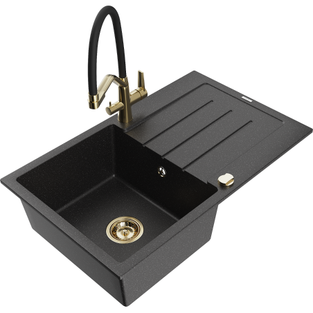 Mexen Bruno granitspüle, 1-becken mit abtropffläche und küchenarmatur Duo, schwarz/silber metallic - 6513-73-671701-57-G